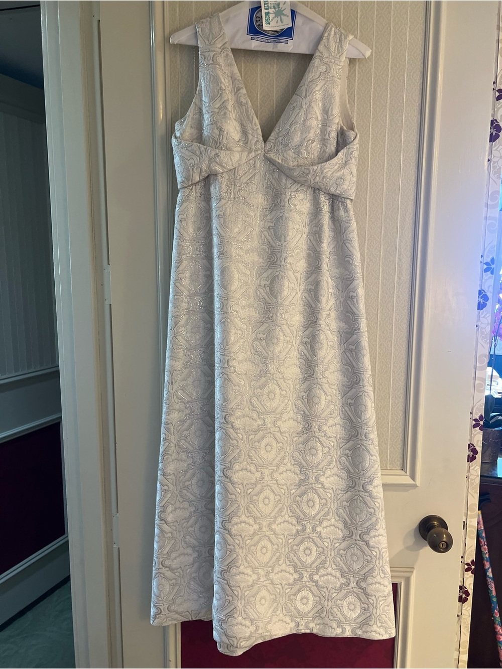 Elegant Ivory Patterned V-Neck Midi Dress with matching blazer